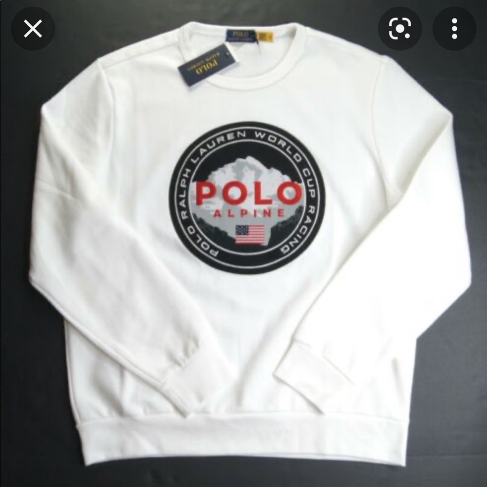 Men's White Polo Alpine Racing Double Knit Pullover Sweatshirt